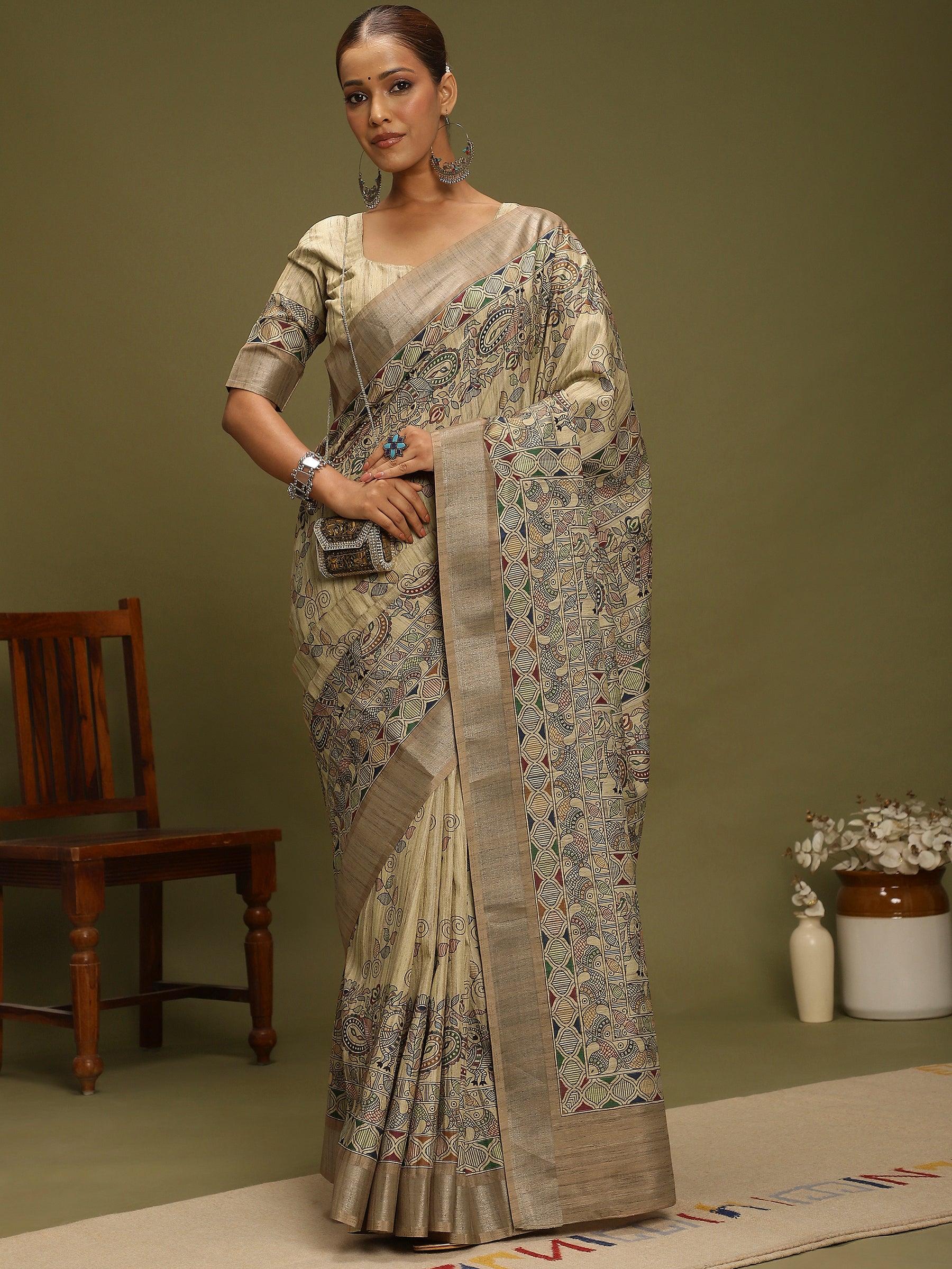 VANIKA PRINT-“Ivory Beige Linen Saree with Traditional Floral & Paisley Art Motifs”