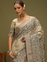 VANIKA PRINT-“Ivory Beige Linen Saree with Traditional Floral & Paisley Art Motifs”