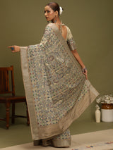 VANIKA PRINT-“Ivory Beige Linen Saree with Traditional Floral & Paisley Art Motifs”