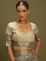 VANIKA PRINT-“Ivory Beige Linen Saree with Traditional Floral & Paisley Art Motifs”