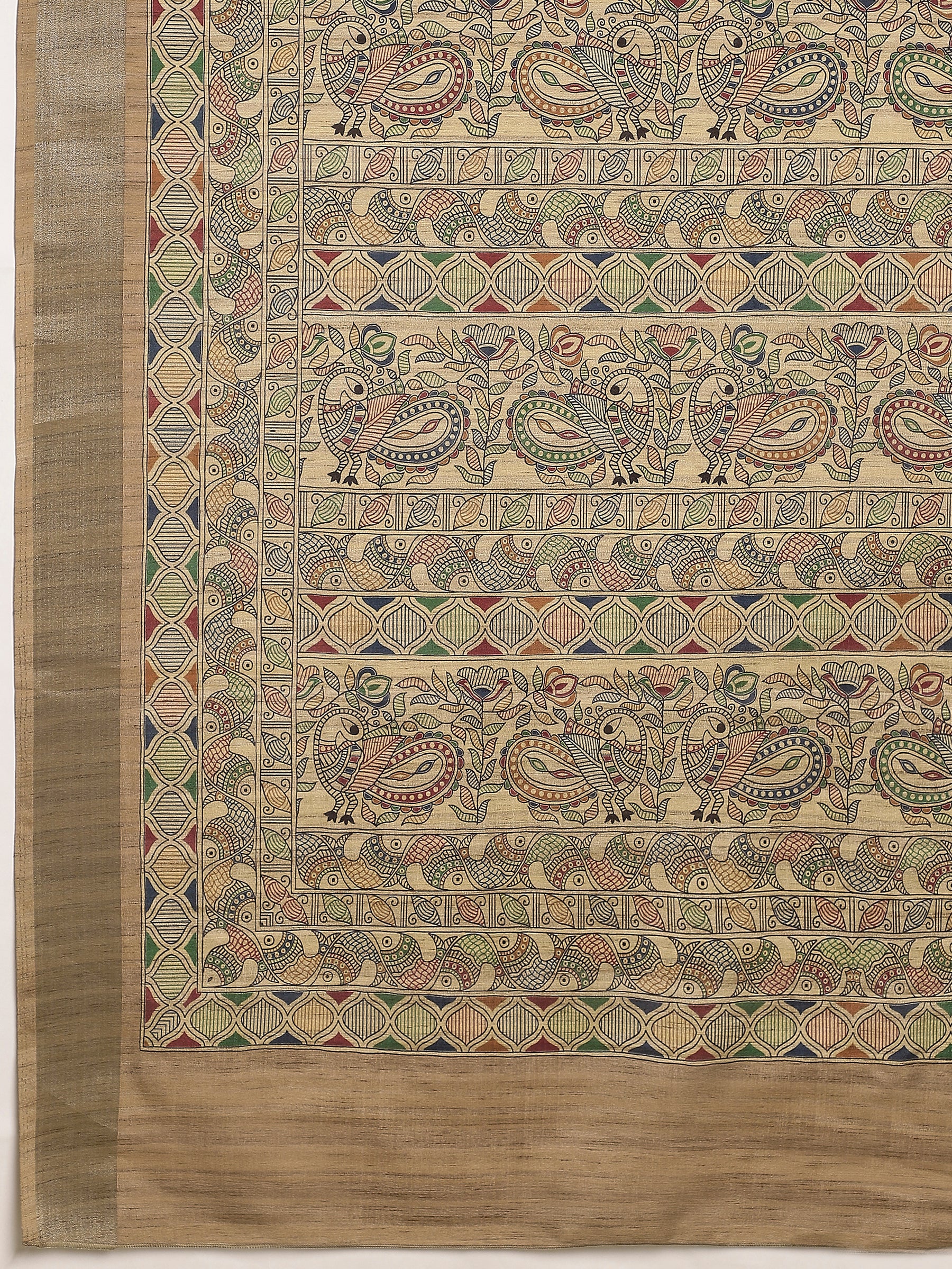 VANIKA PRINT-“Ivory Beige Linen Saree with Traditional Floral & Paisley Art Motifs”
