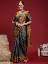 Gulabi Heritage Charm-Slate Gold Heritage Saree