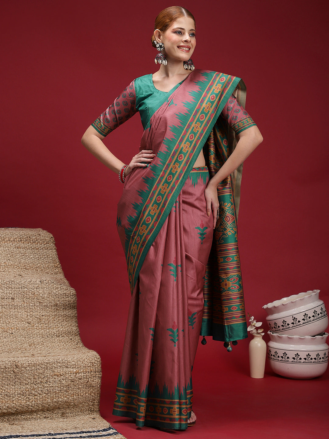 Gulabi Rose Charm-Rosewood Teal Heritage Saree