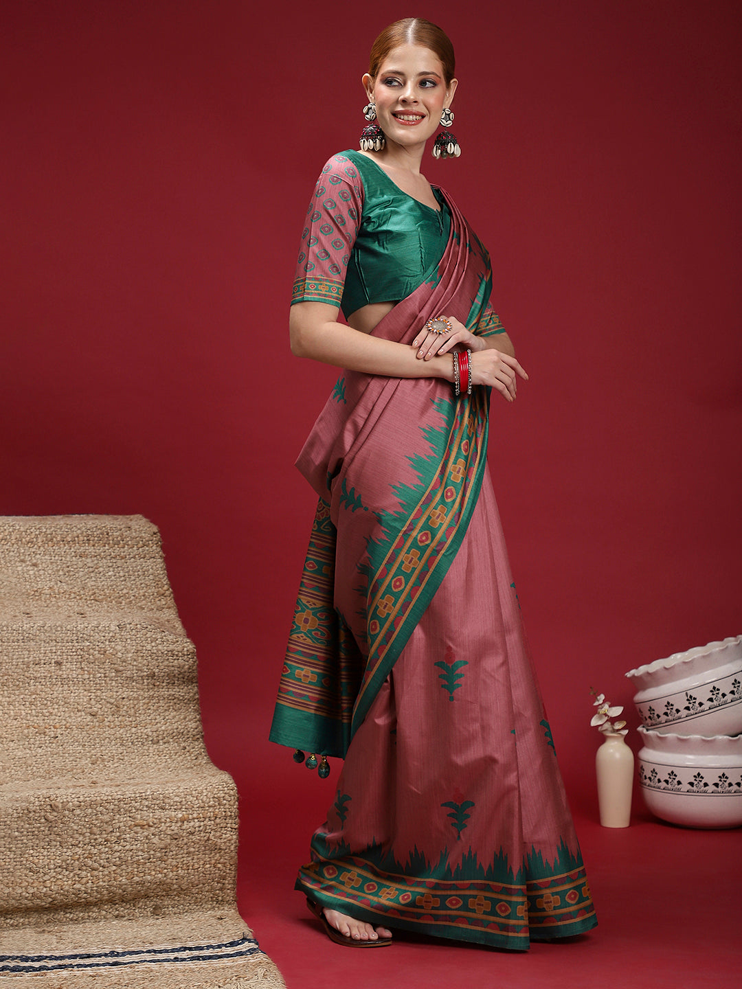 Gulabi Rose Charm-Rosewood Teal Heritage Saree