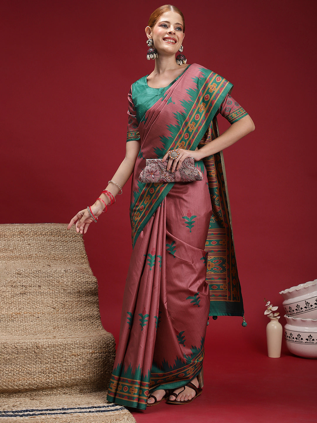 Gulabi Rose Charm-Rosewood Teal Heritage Saree