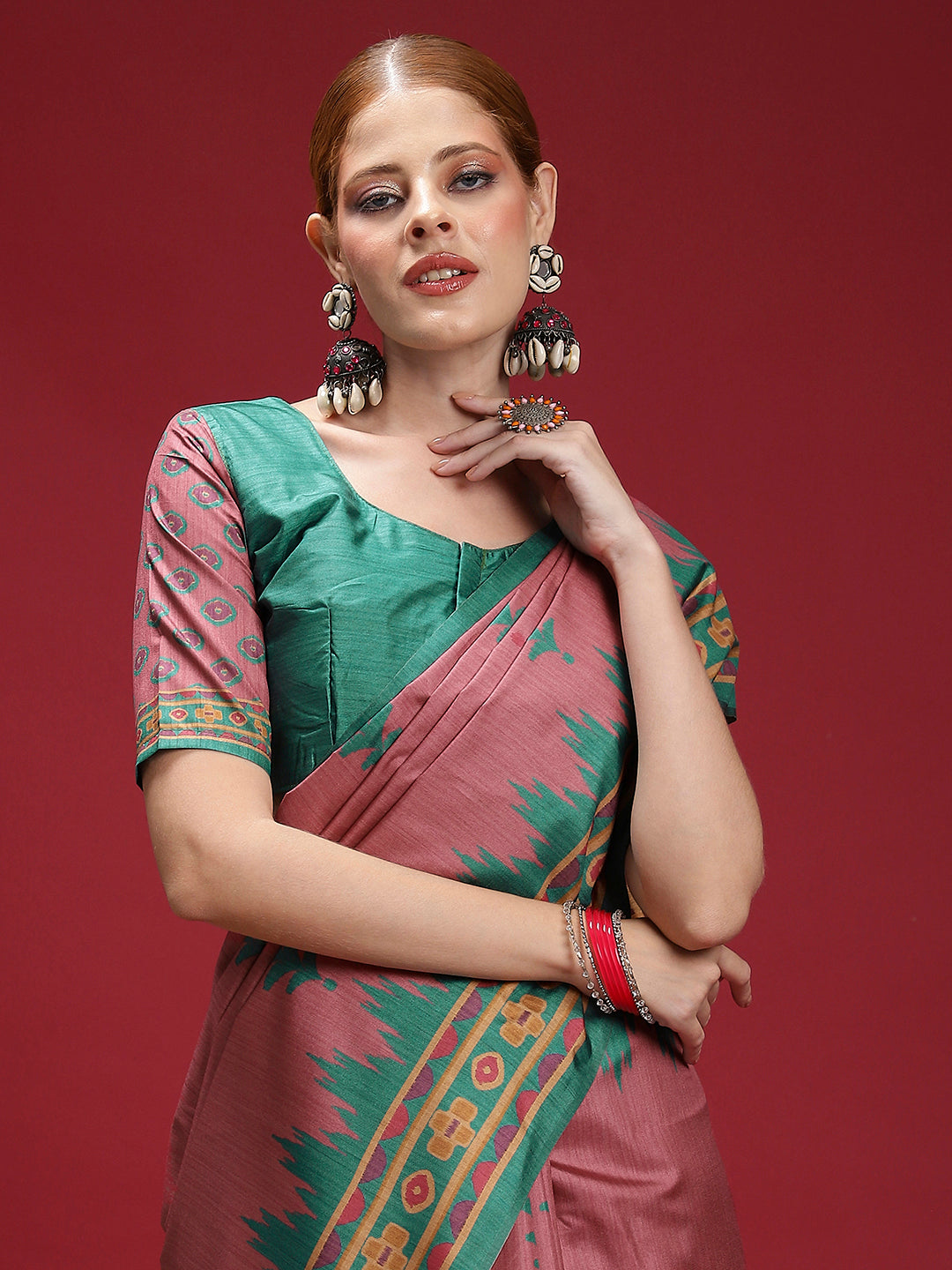 Gulabi Rose Charm-Rosewood Teal Heritage Saree