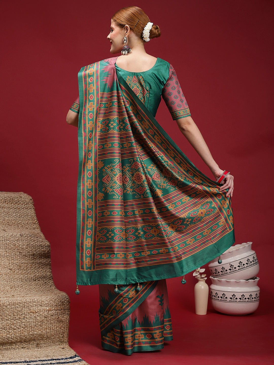 Gulabi Rose Charm-Rosewood Teal Heritage Saree