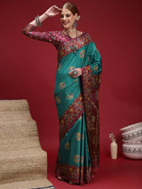GULABI NAGRI-Elegant teal blue saree with rich maroon woven border