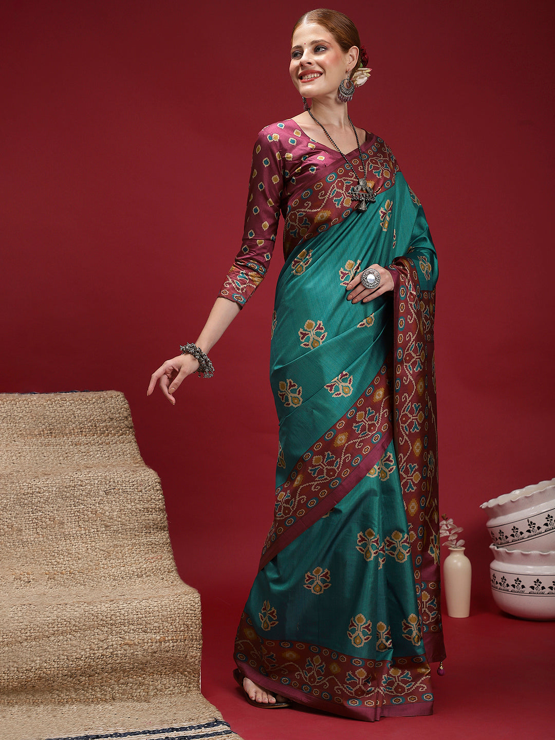 GULABI NAGRI-Elegant teal blue saree with rich maroon woven border