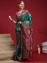 GULABI NAGRI-Elegant teal blue saree with rich maroon woven border