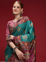 GULABI NAGRI-Elegant teal blue saree with rich maroon woven border