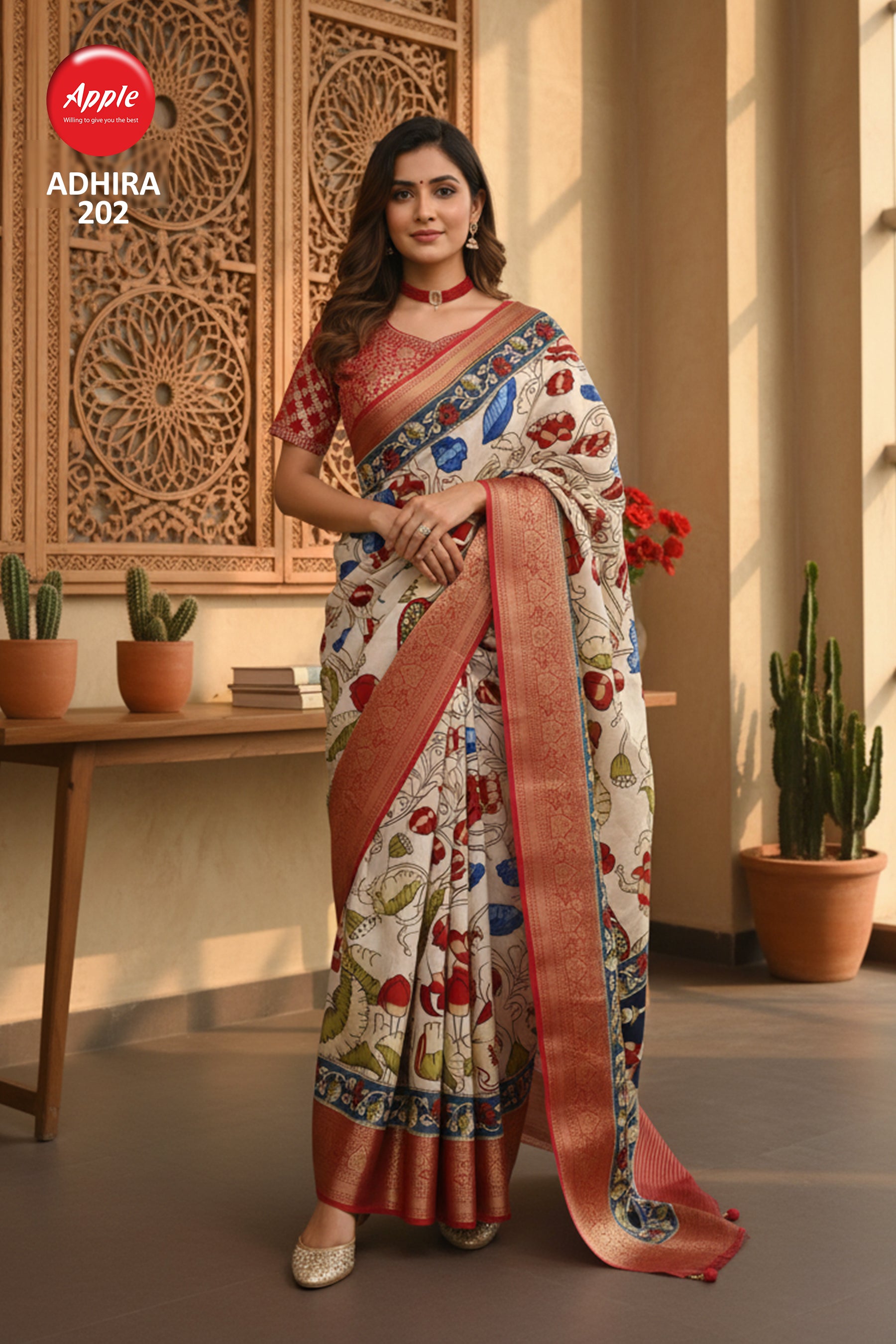 ADHIRA-Royal Off-White Kalamkari Inspired Saree with Multicolor Floral Print and Rich Red Zari Border Designer Ethnic Wear Saree