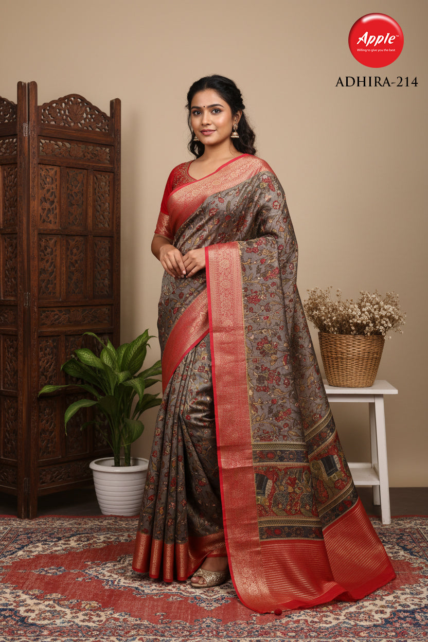 ADHIRA-Elegant Grey Floral Printed Soft Silk Saree with Rich Red Zari Border & Traditional Pallu Design – Festive Wear Ethnic Saree for Women