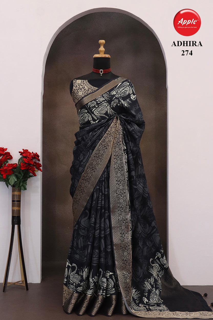 ADHIRA-Royal Black Designer Saree with Antique Gold Zari Border and Traditional Swan Motif Print Work