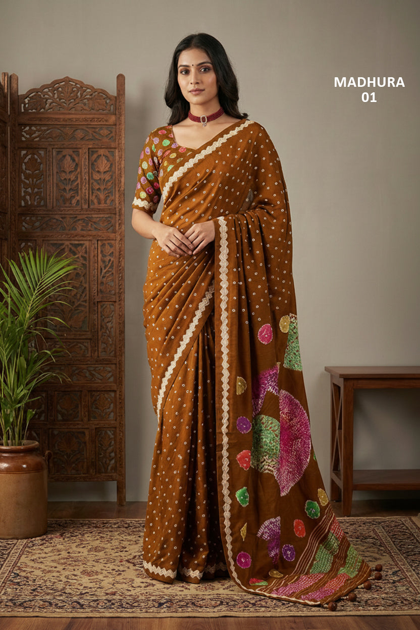 MADHURA-Rust Brown Bandhani Saree with Multicolor Floral Pallu Design