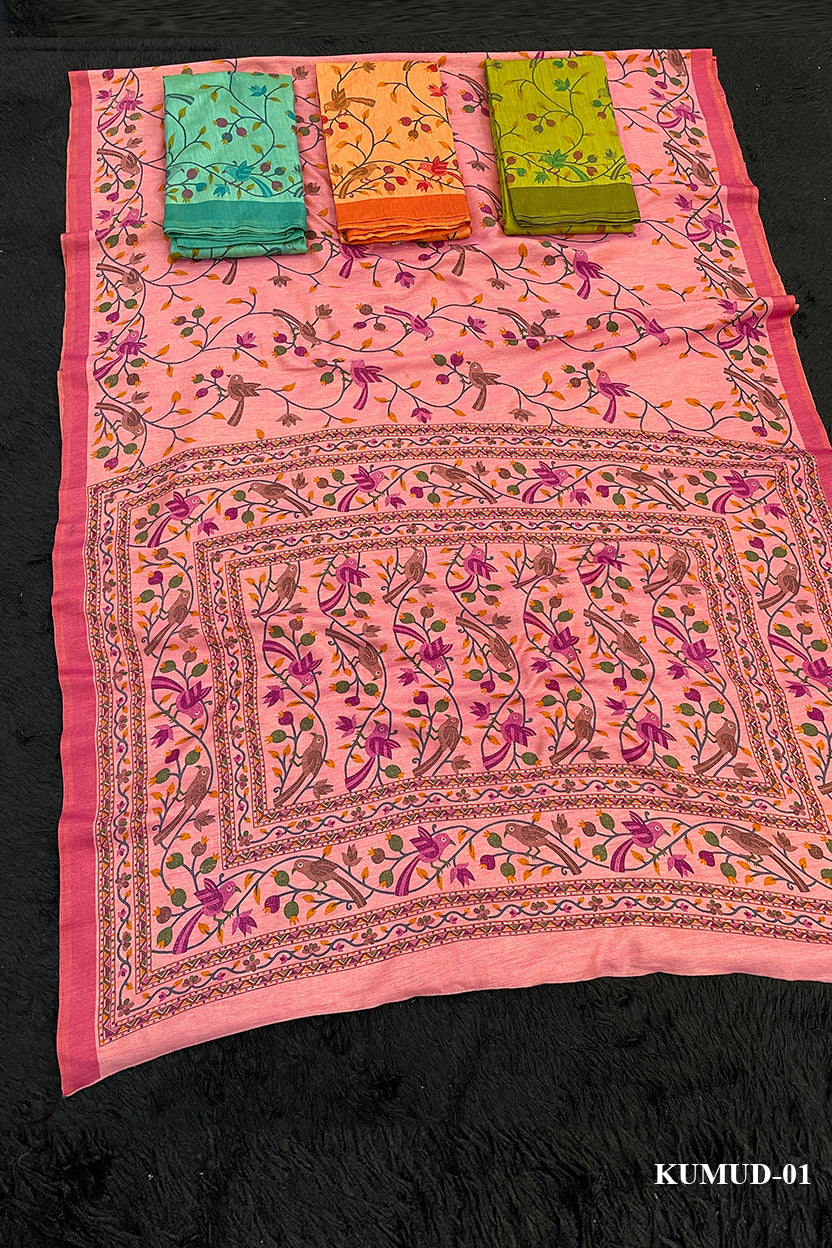KUMUD-Blush Pink Linen Saree with Elegant Bird & Floral Kalamkari-Inspired Prints