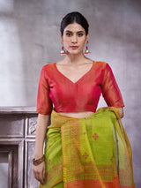 ZARI MAHAL-Elegant Olive Green Linen Saree with Orange Contrast Pallu & Traditional Zari Border Tassels