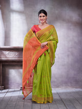 ZARI MAHAL-Elegant Olive Green Linen Saree with Orange Contrast Pallu & Traditional Zari Border Tassels