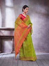ZARI MAHAL-Elegant Olive Green Linen Saree with Orange Contrast Pallu & Traditional Zari Border Tassels