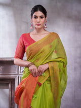 ZARI MAHAL-Elegant Olive Green Linen Saree with Orange Contrast Pallu & Traditional Zari Border Tassels