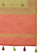 ZARI MAHAL-Elegant Olive Green Linen Saree with Orange Contrast Pallu & Traditional Zari Border Tassels