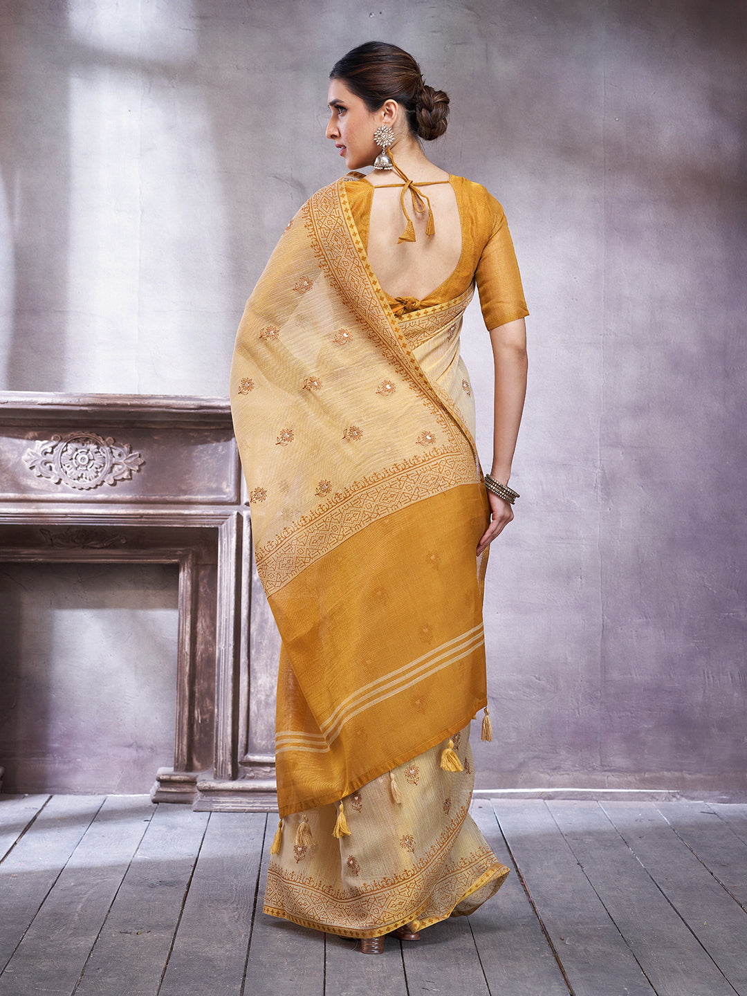 ZARI MAHAL-Elegant Cream Linen Saree with Mustard Yellow Contrast Pallu & Traditional Woven Zari Border Tassels