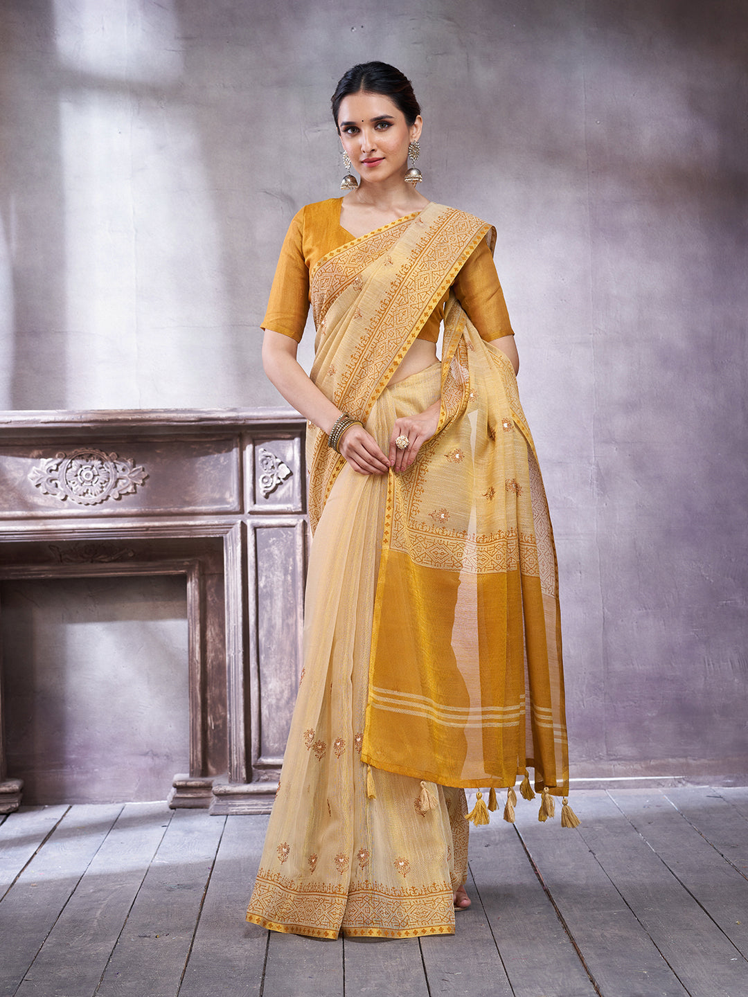 ZARI MAHAL-Elegant Cream Linen Saree with Mustard Yellow Contrast Pallu & Traditional Woven Zari Border Tassels