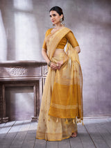 ZARI MAHAL-Elegant Cream Linen Saree with Mustard Yellow Contrast Pallu & Traditional Woven Zari Border Tassels