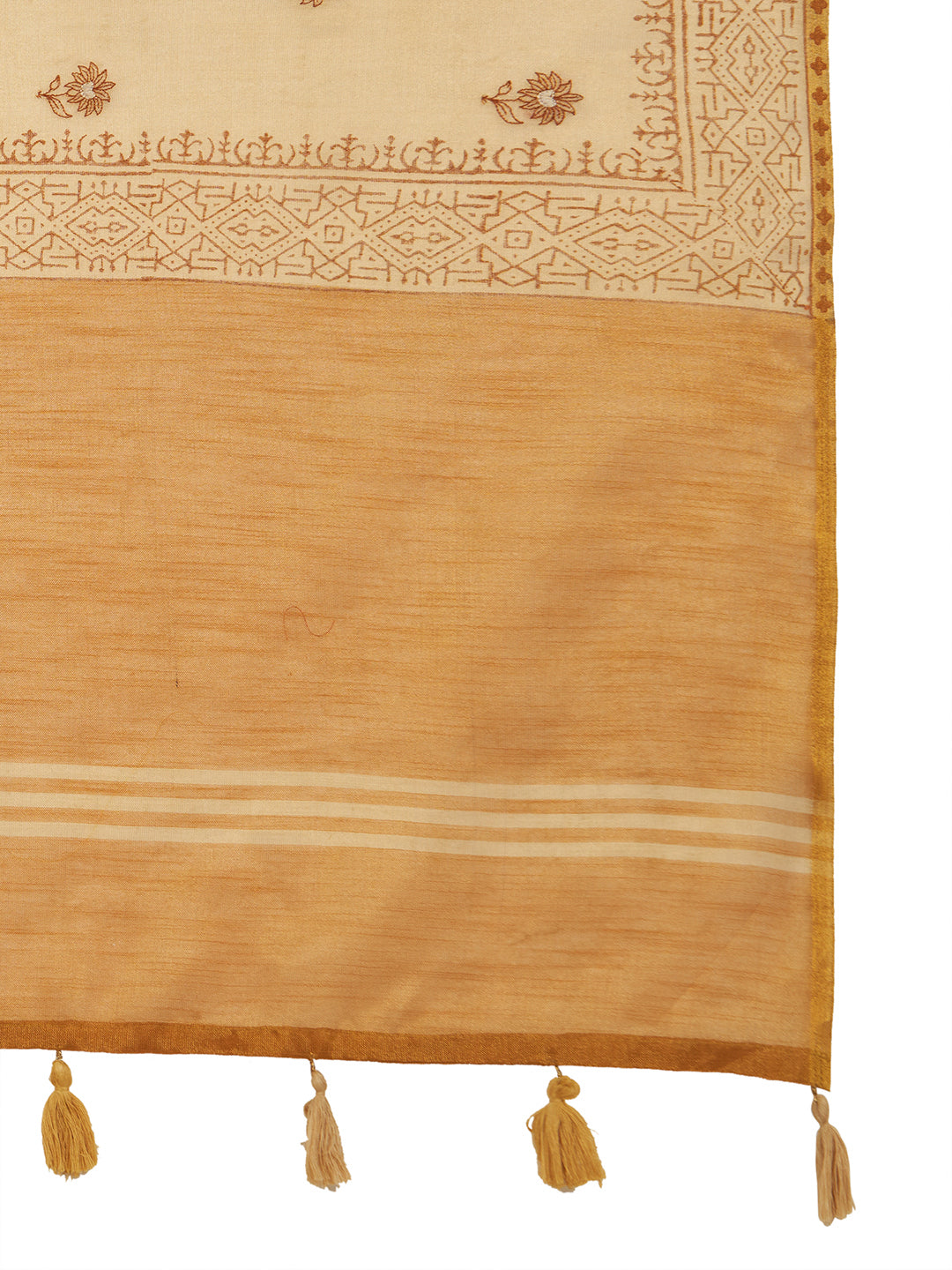 ZARI MAHAL-Elegant Cream Linen Saree with Mustard Yellow Contrast Pallu & Traditional Woven Zari Border Tassels