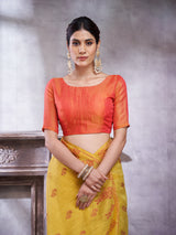 ZARI MAHAL-Elegant Mustard Yellow Linen Saree with Rust Red Contrast Pallu & Traditional Woven Motif Border Tassels