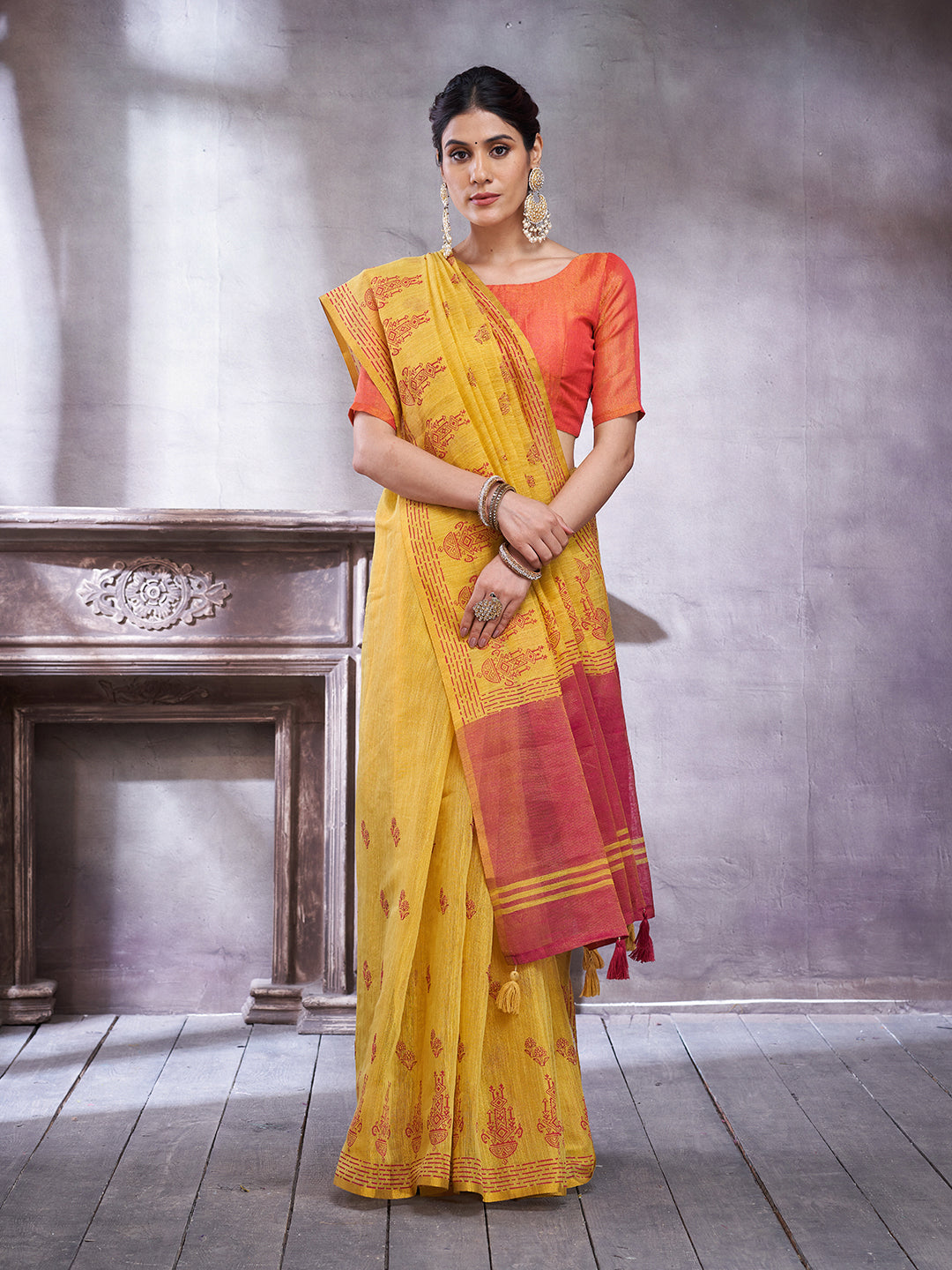 ZARI MAHAL-Elegant Mustard Yellow Linen Saree with Rust Red Contrast Pallu & Traditional Woven Motif Border Tassels