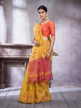ZARI MAHAL-Elegant Mustard Yellow Linen Saree with Rust Red Contrast Pallu & Traditional Woven Motif Border Tassels