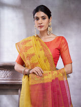 ZARI MAHAL-Elegant Mustard Yellow Linen Saree with Rust Red Contrast Pallu & Traditional Woven Motif Border Tassels