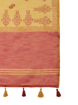 ZARI MAHAL-Elegant Mustard Yellow Linen Saree with Rust Red Contrast Pallu & Traditional Woven Motif Border Tassels