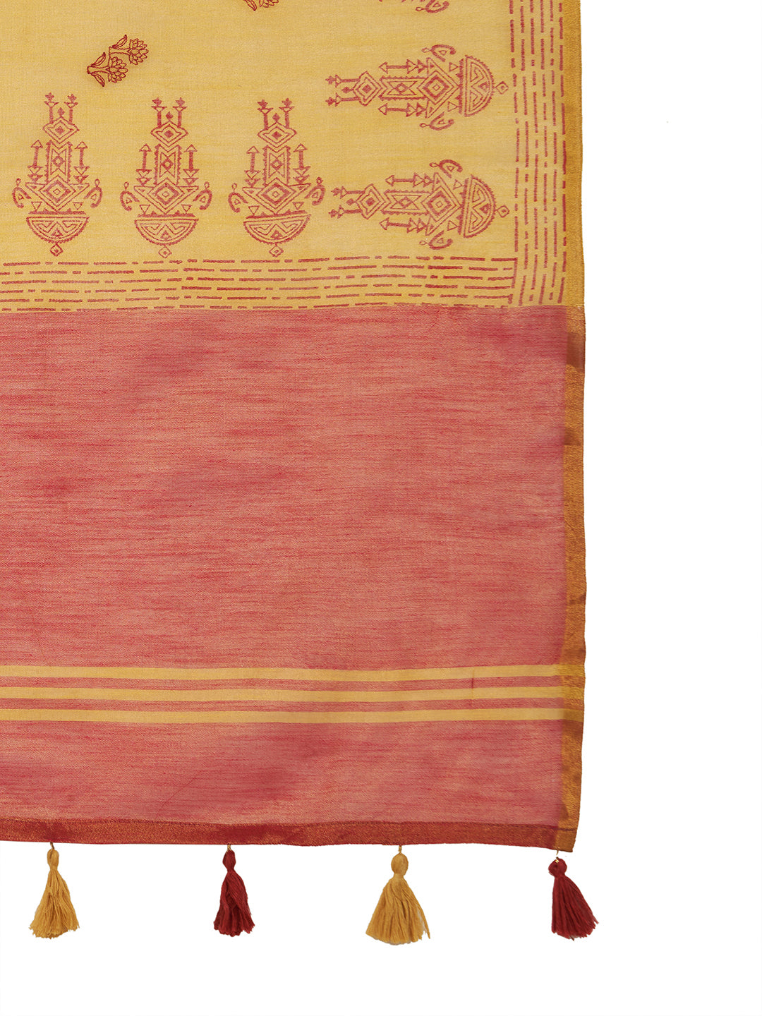 ZARI MAHAL-Elegant Mustard Yellow Linen Saree with Rust Red Contrast Pallu & Traditional Woven Motif Border Tassels