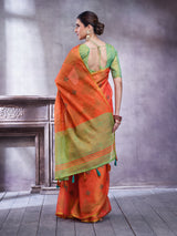 ZARI MAHAL-Elegant Coral Orange Linen Saree with Mint Green Contrast Border & Artistic Woven Motifs