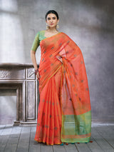 ZARI MAHAL-Elegant Coral Orange Linen Saree with Mint Green Contrast Border & Artistic Woven Motifs