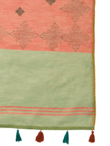 ZARI MAHAL-Elegant Coral Orange Linen Saree with Mint Green Contrast Border & Artistic Woven Motifs