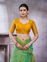ZARI MAHAL-Elegant Aqua Green Linen Saree with Mustard Gold Contrast Pallu & Intricate Floral Woven Border