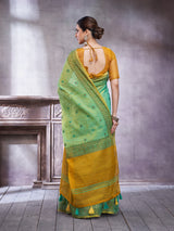 ZARI MAHAL-Elegant Aqua Green Linen Saree with Mustard Gold Contrast Pallu & Intricate Floral Woven Border