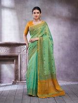 ZARI MAHAL-Elegant Aqua Green Linen Saree with Mustard Gold Contrast Pallu & Intricate Floral Woven Border