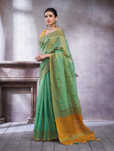 ZARI MAHAL-Elegant Aqua Green Linen Saree with Mustard Gold Contrast Pallu & Intricate Floral Woven Border