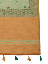 ZARI MAHAL-Elegant Aqua Green Linen Saree with Mustard Gold Contrast Pallu & Intricate Floral Woven Border