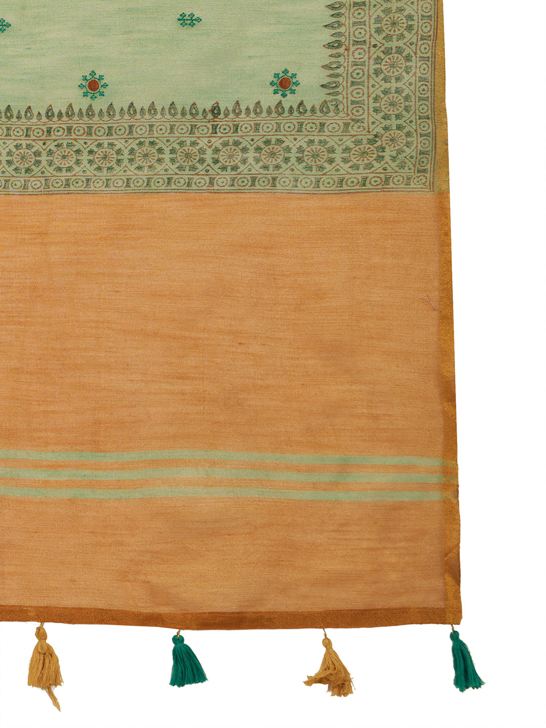 ZARI MAHAL-Elegant Aqua Green Linen Saree with Mustard Gold Contrast Pallu & Intricate Floral Woven Border