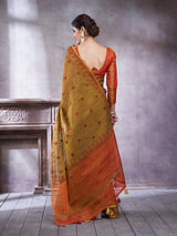 ZARI MAHAL-Elegant Olive Green & Orange Zari Woven Traditional Saree