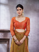 ZARI MAHAL-Elegant Olive Green & Orange Zari Woven Traditional Saree