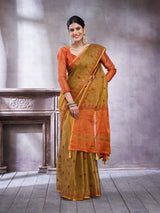 ZARI MAHAL-Elegant Olive Green & Orange Zari Woven Traditional Saree