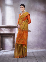 ZARI MAHAL-Elegant Olive Green & Orange Zari Woven Traditional Saree
