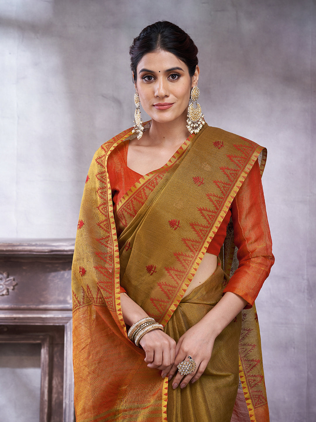 ZARI MAHAL-Elegant Olive Green & Orange Zari Woven Traditional Saree