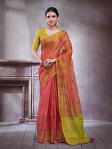 ZARI MAHAL-Graceful Rani Pink & Olive Green Designer Linen Saree